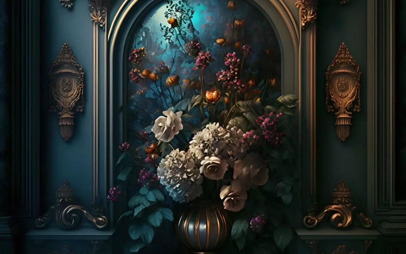 Rococo Midnight Floral Wall 14X9 Ultracloth ( 168 X 108 Inch ) Backdrop