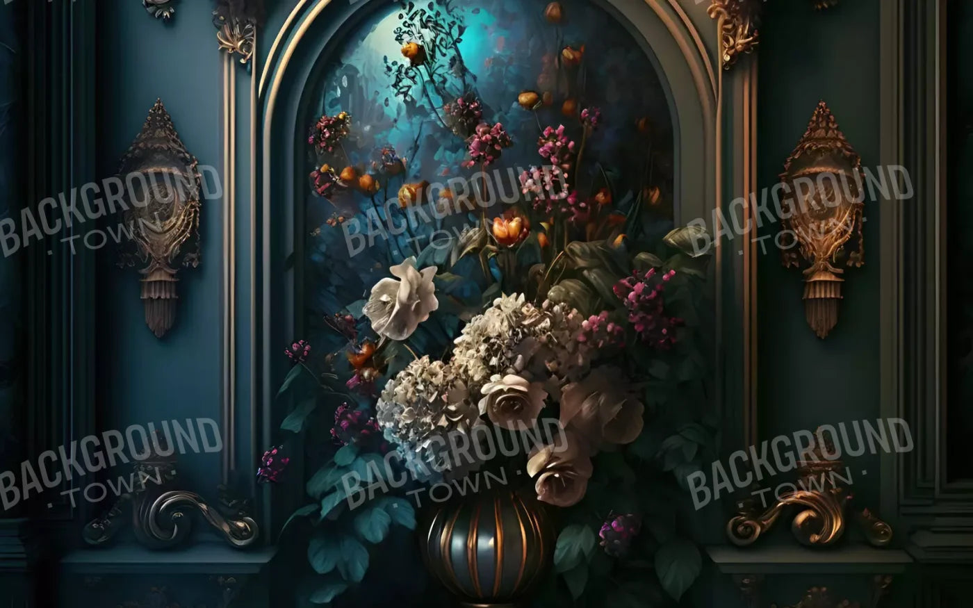 Rococo Midnight Floral Wall 14X9 Ultracloth ( 168 X 108 Inch ) Backdrop