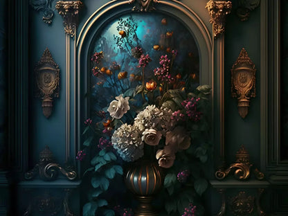 Rococo Midnight Floral Wall 7X5 Ultracloth ( 84 X 60 Inch ) Backdrop