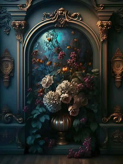 Rococo Midnight Floral Wall 8X10 Fleece ( 96 X 120 Inch ) Backdrop