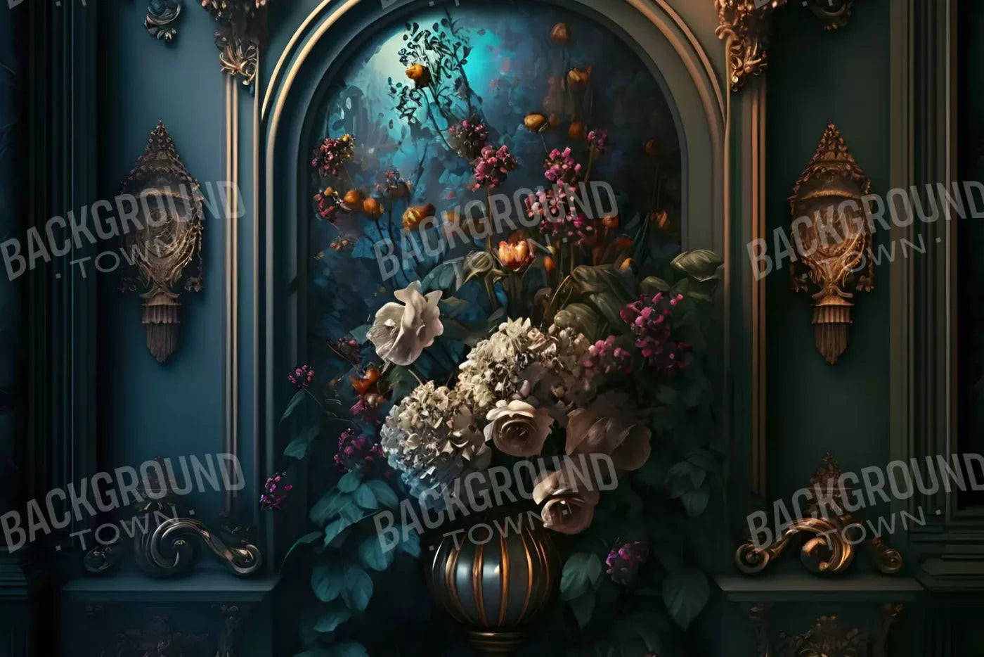 Rococo Midnight Floral Wall 8X5 Ultracloth ( 96 X 60 Inch ) Backdrop