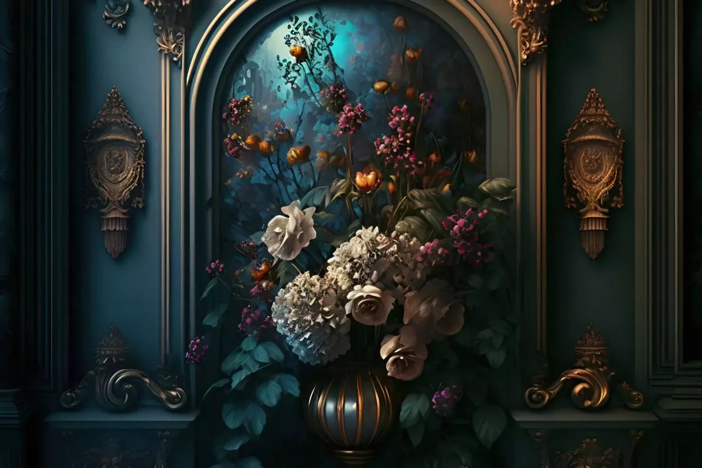 Rococo Midnight Floral Wall 8X5 Ultracloth ( 96 X 60 Inch ) Backdrop