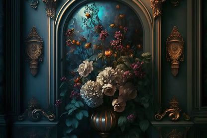 Rococo Midnight Floral Wall 8X5 Ultracloth ( 96 X 60 Inch ) Backdrop
