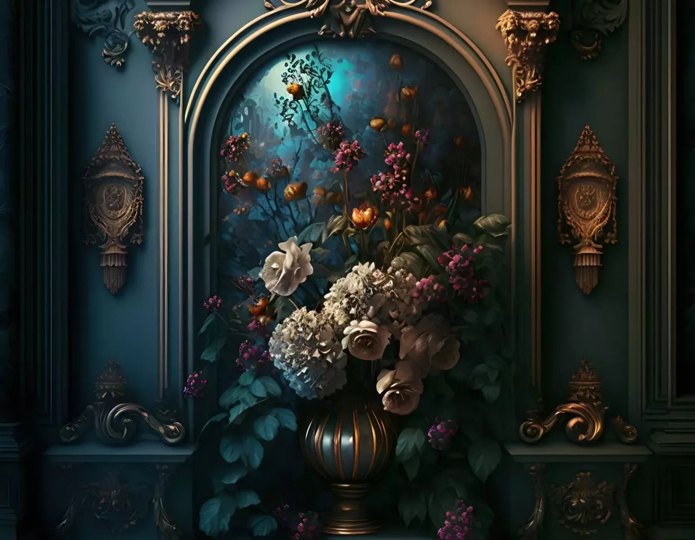 Rococo Midnight Floral Wall 8X6 Fleece ( 96 X 72 Inch ) Backdrop