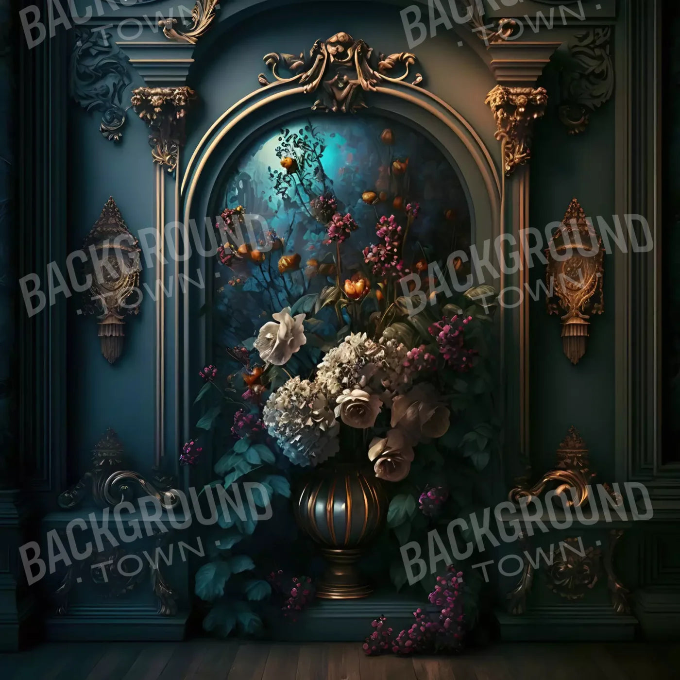 Rococo Midnight Floral Wall 8X8 Fleece ( 96 X Inch ) Backdrop