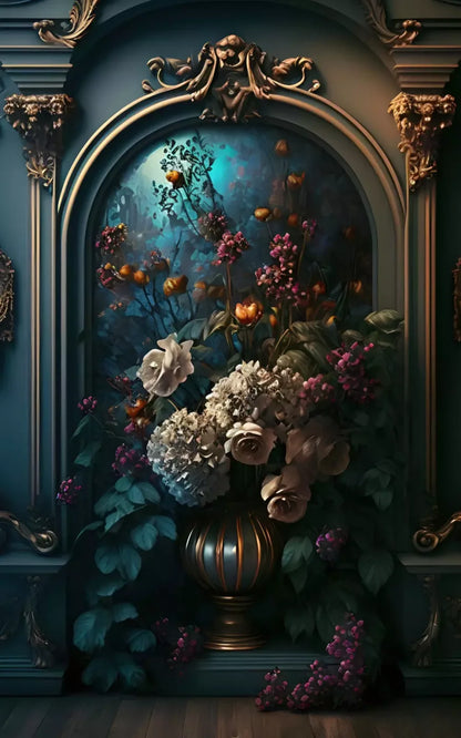 Rococo Midnight Floral Wall 9X14 Ultracloth ( 108 X 168 Inch ) Backdrop