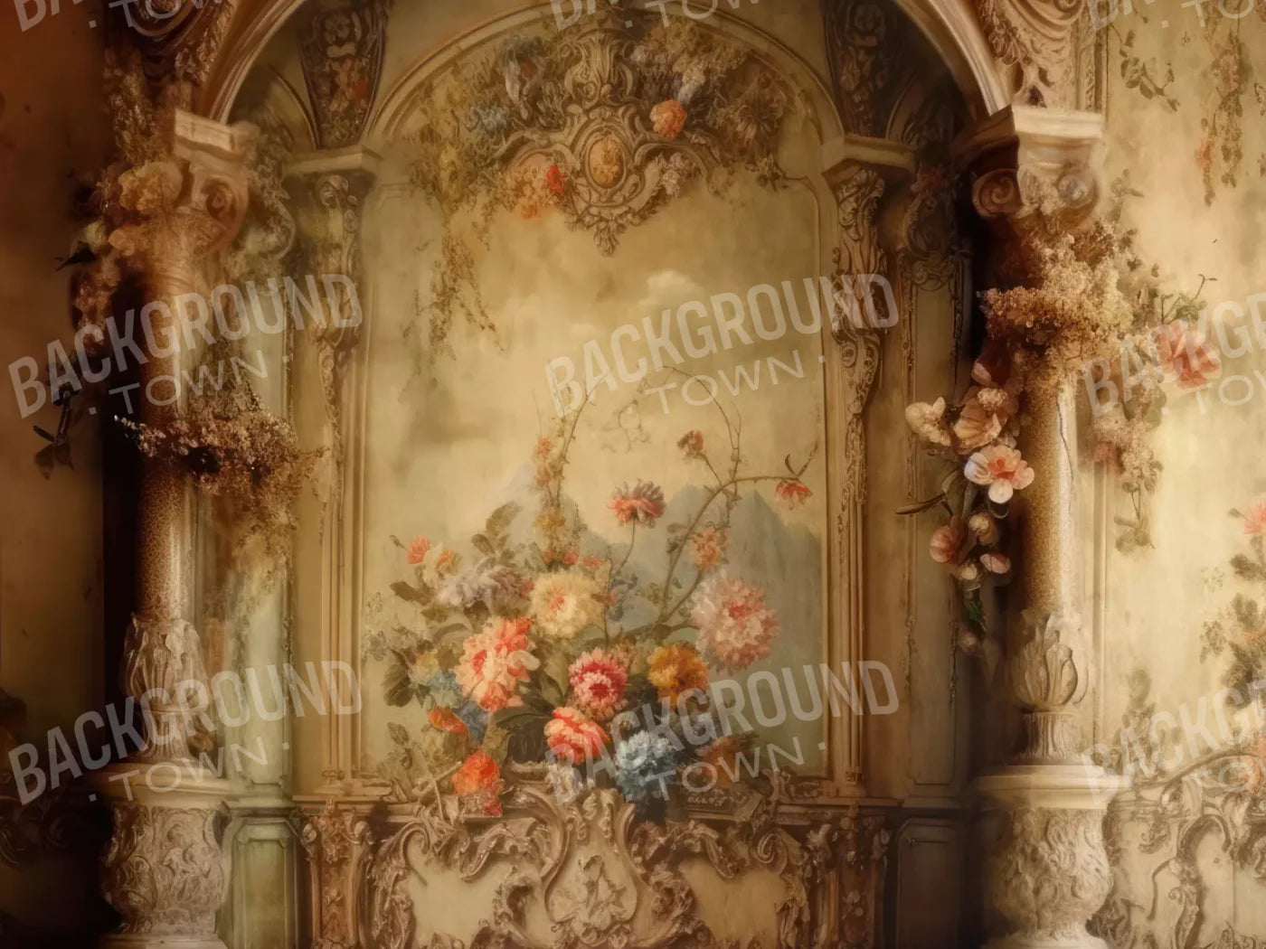 Rococo Vintage Floral Wall 10X8 Fleece ( 120 X 96 Inch ) Backdrop