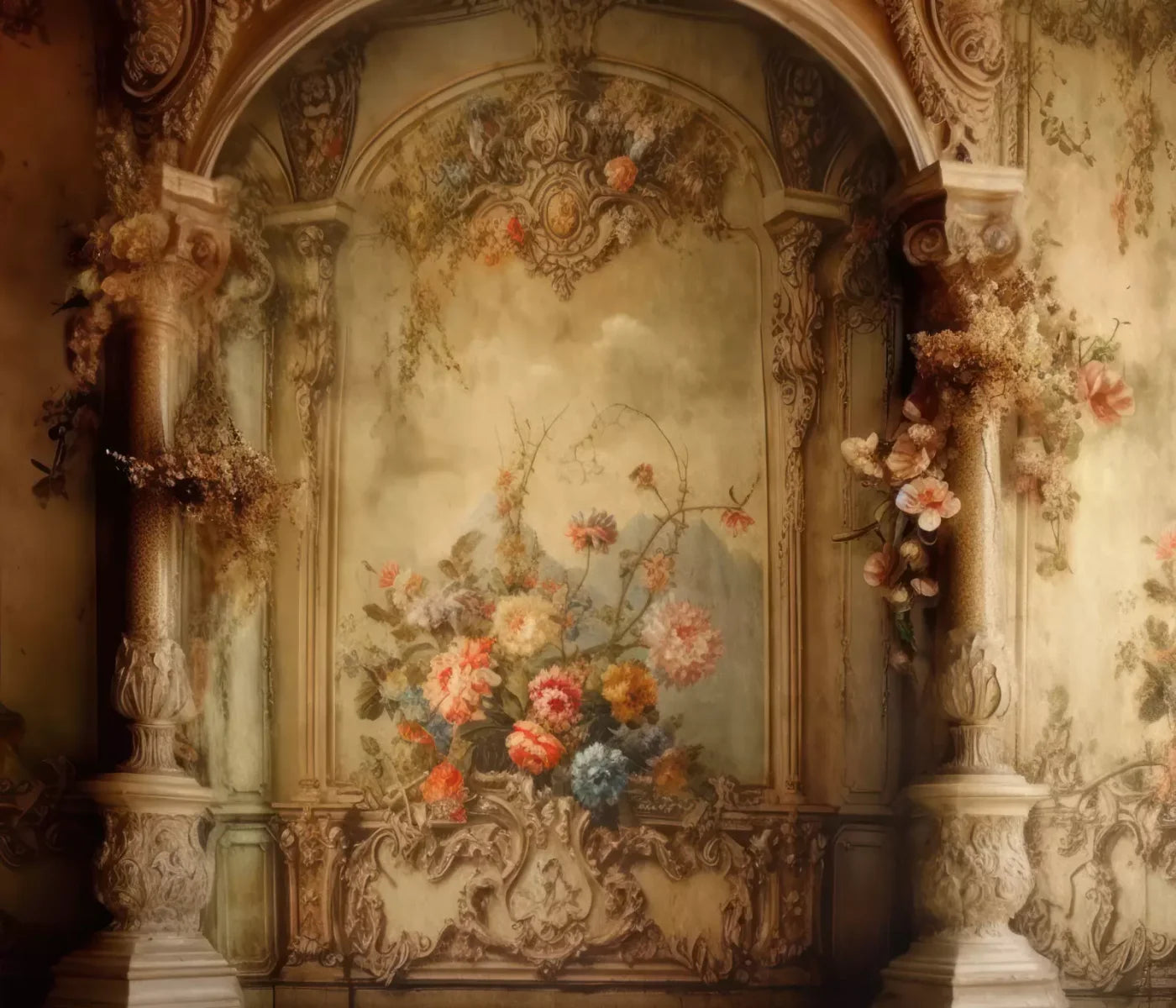 Rococo Vintage Floral Wall 12X10 Ultracloth ( 144 X 120 Inch ) Backdrop