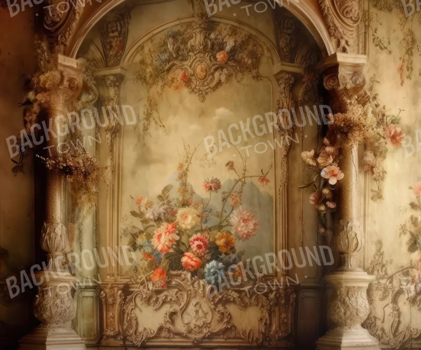 Rococo Vintage Floral Wall 5X42 Fleece ( 60 X 50 Inch ) Backdrop