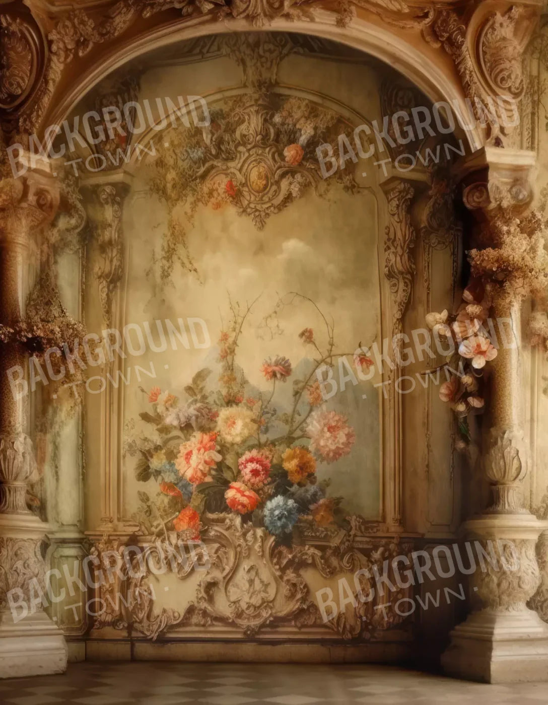 Rococo Vintage Floral Wall 6X8 Fleece ( 72 X 96 Inch ) Backdrop