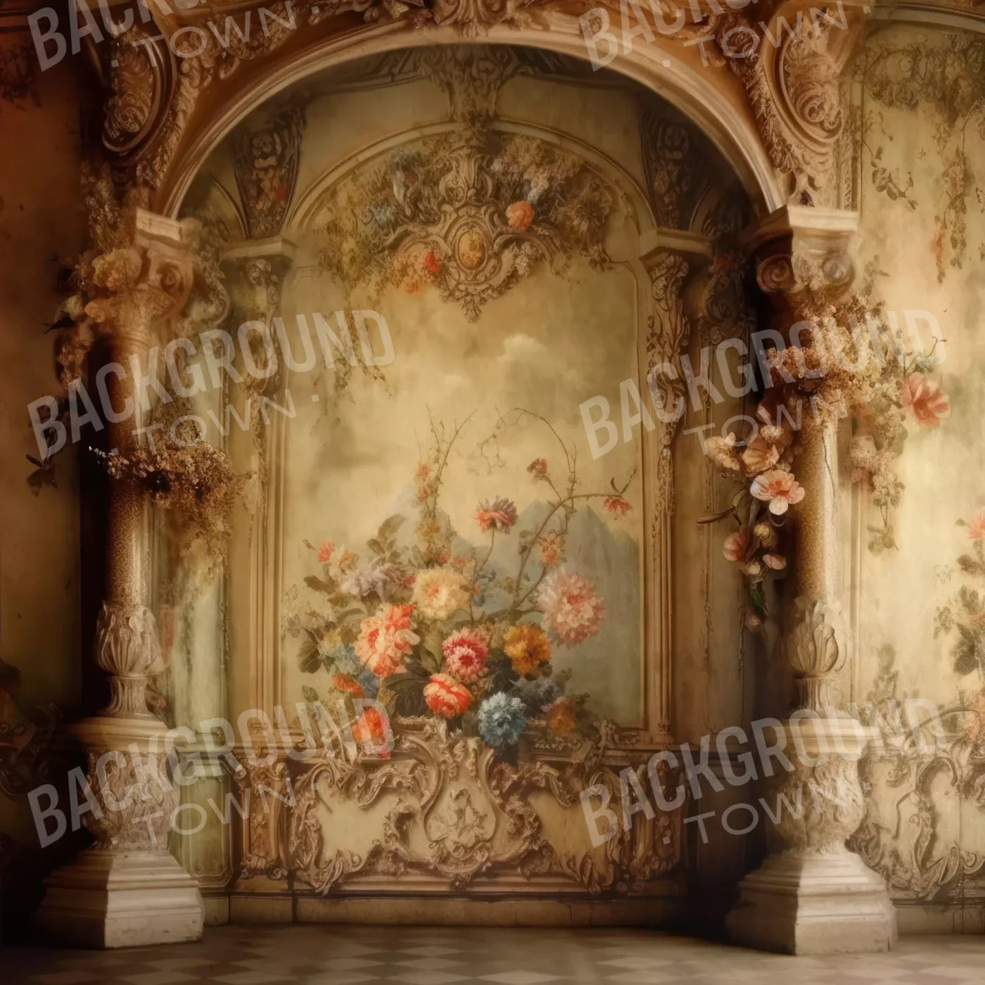 Rococo Vintage Floral Wall 8X8 Fleece ( 96 X Inch ) Backdrop
