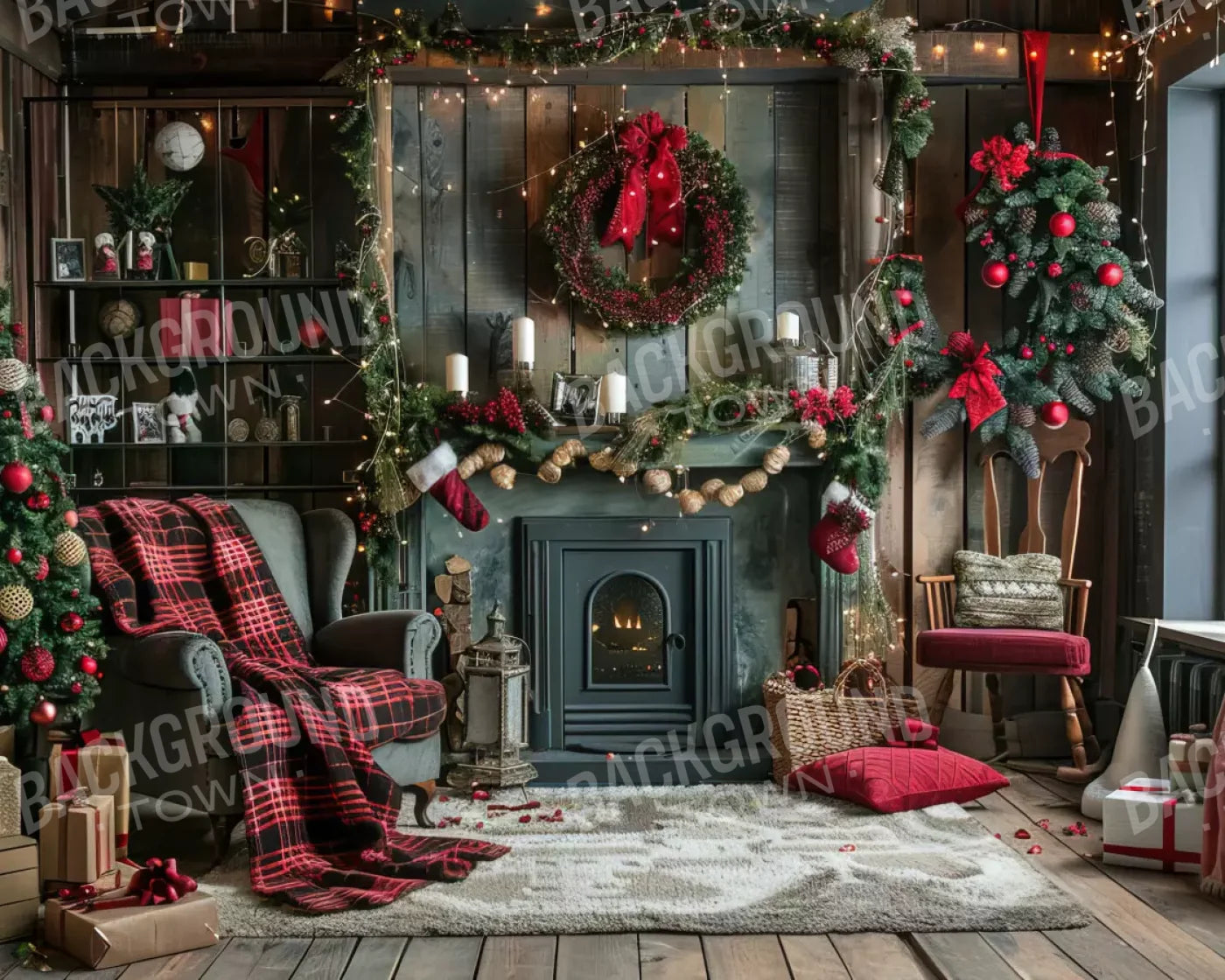 Rustic Cabin Christmas 10’X8’ Fleece (120 X 96 Inch) Backdrop