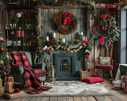 Rustic Cabin Christmas 10’X8’ Fleece (120 X 96 Inch) Backdrop