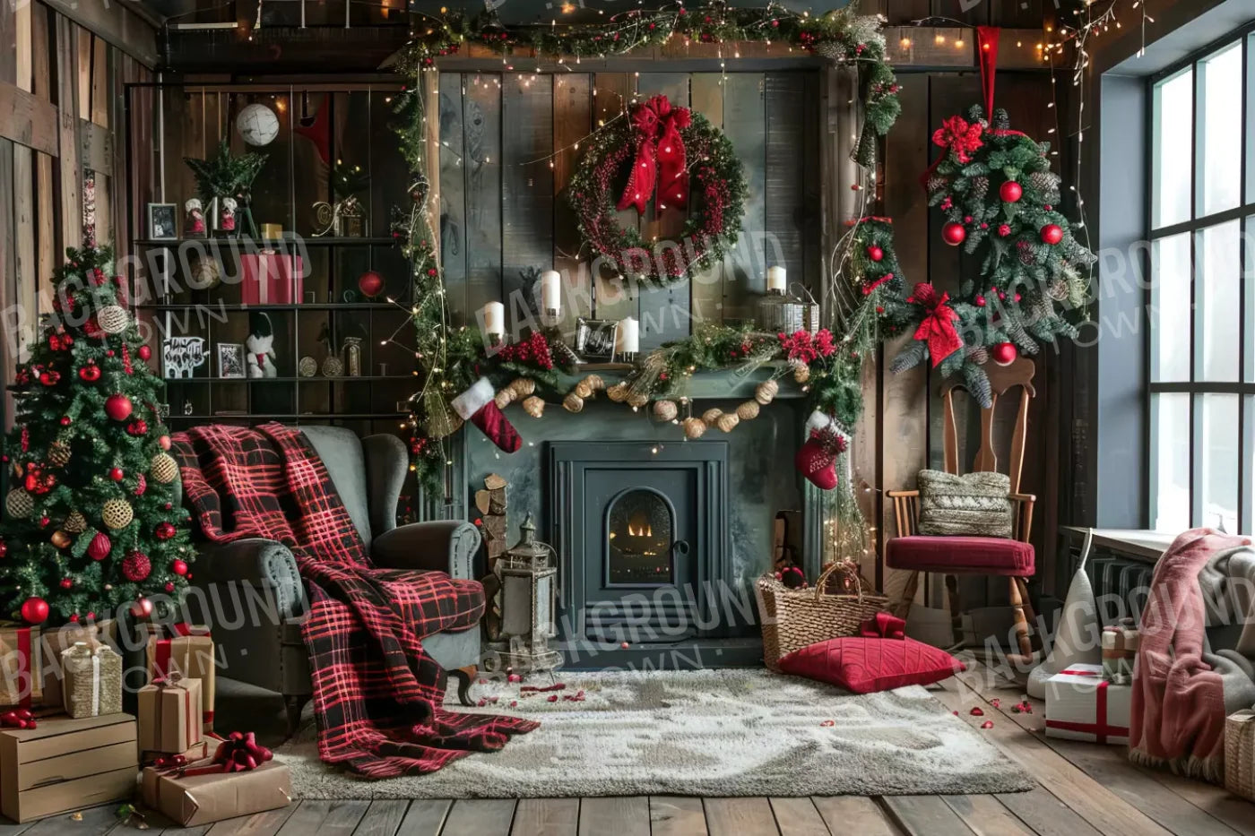 Rustic Cabin Christmas 12’X8’ Ultracloth (144 X 96 Inch) Backdrop