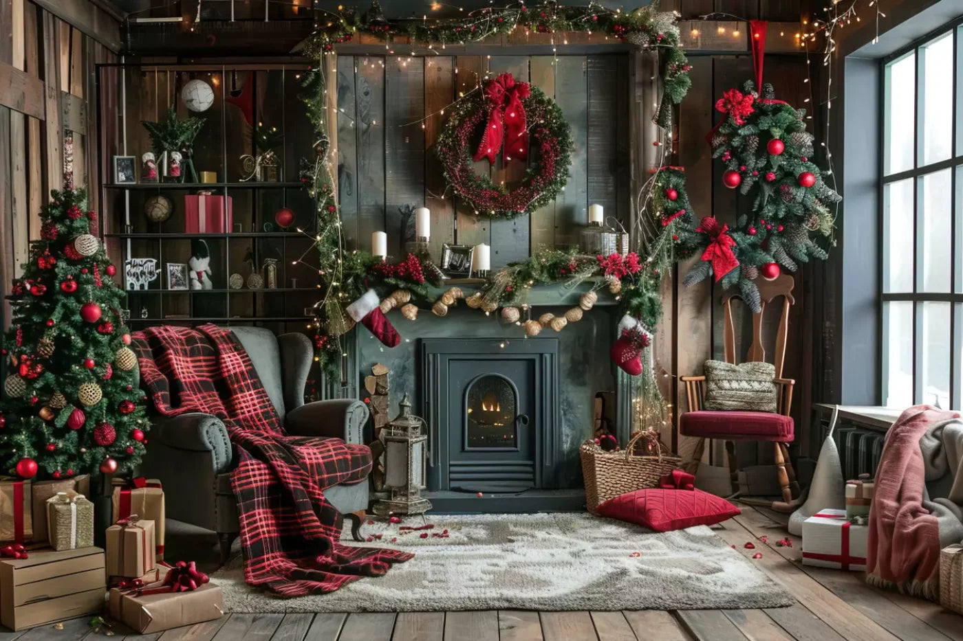 Rustic Cabin Christmas 12’X8’ Ultracloth (144 X 96 Inch) Backdrop