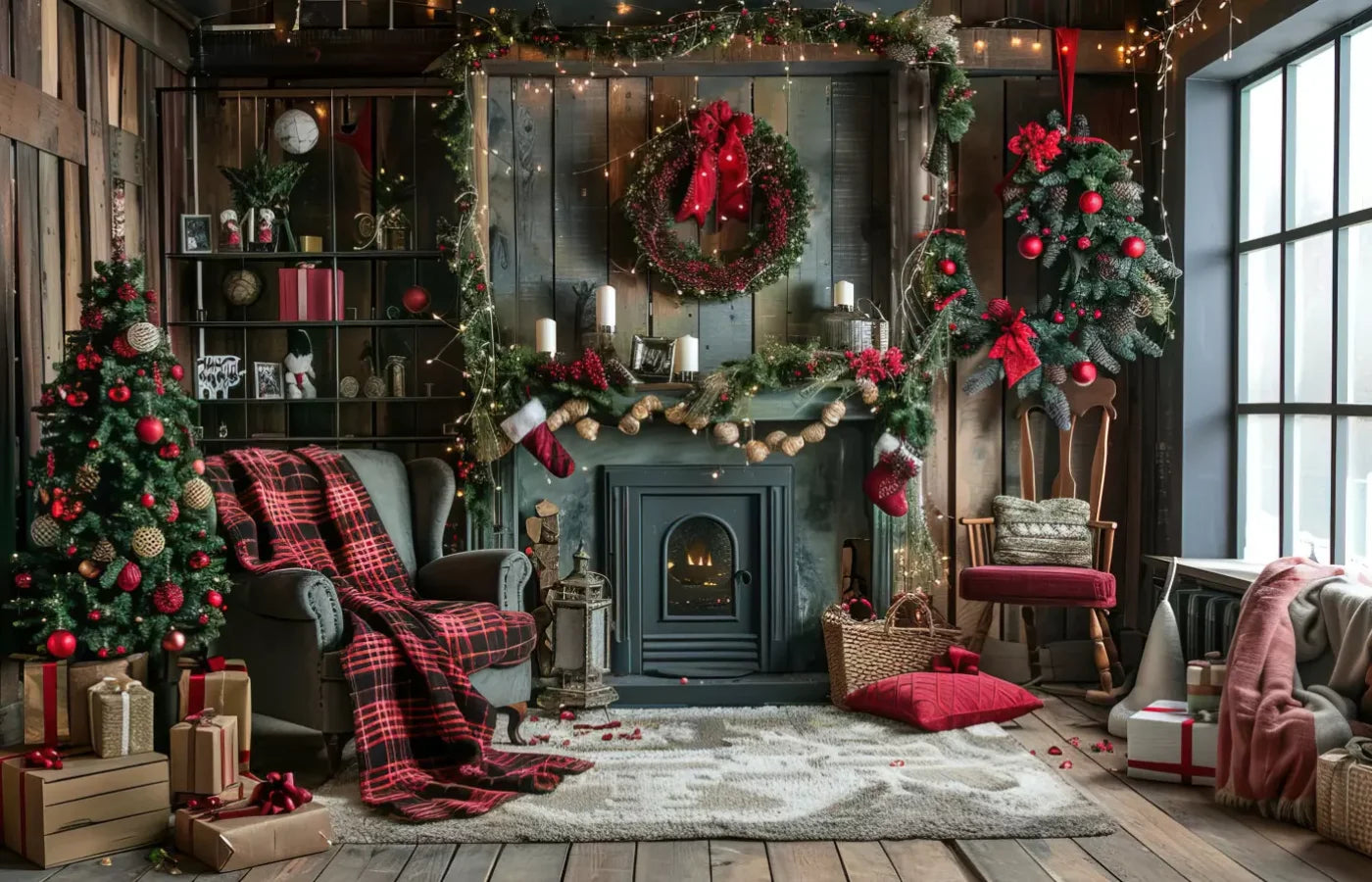 Rustic Cabin Christmas 14’X9’ Ultracloth (168 X 108 Inch) Backdrop