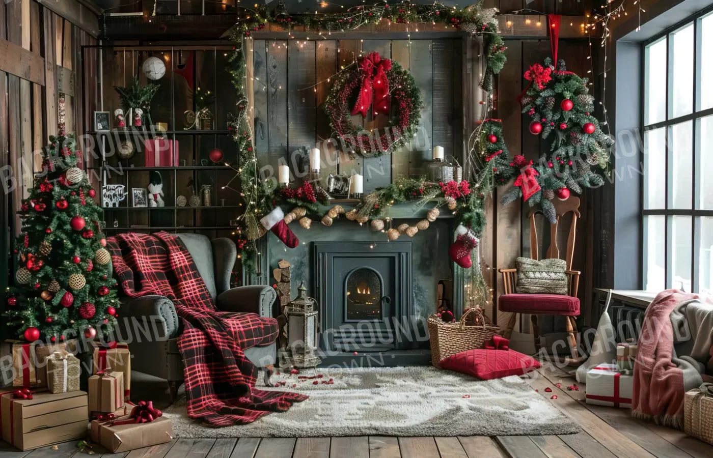 Rustic Cabin Christmas 14’X9’ Ultracloth (168 X 108 Inch) Backdrop