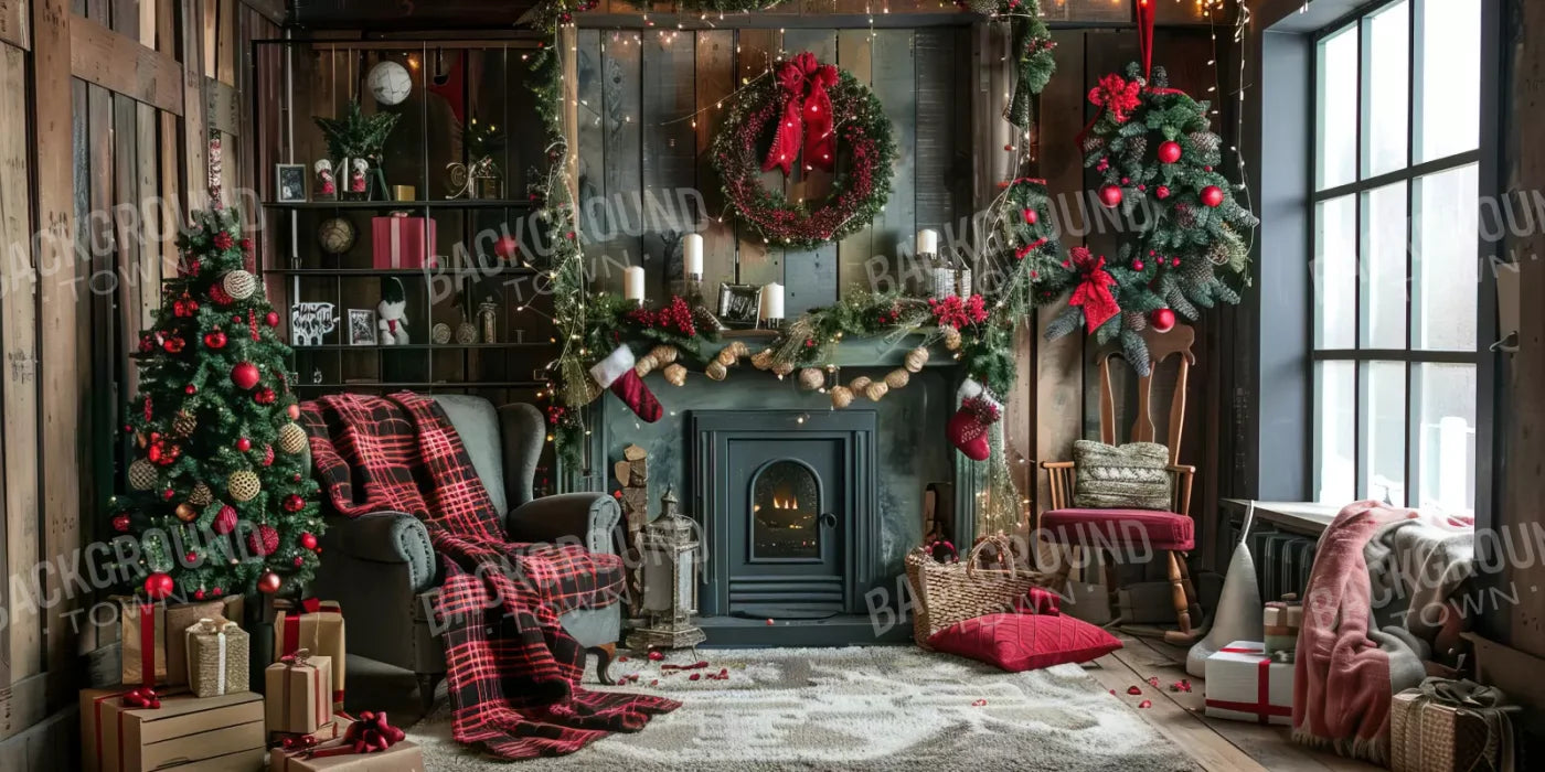 Rustic Cabin Christmas 16’X8’ Ultracloth (192 X 96 Inch) Backdrop