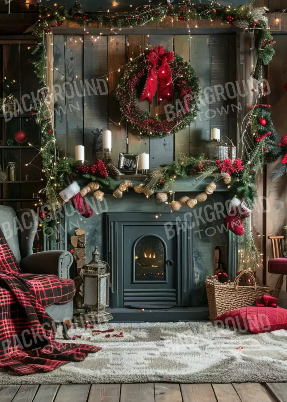 Rustic Cabin Christmas 5’X7’ Ultracloth (60 X 84 Inch) Backdrop