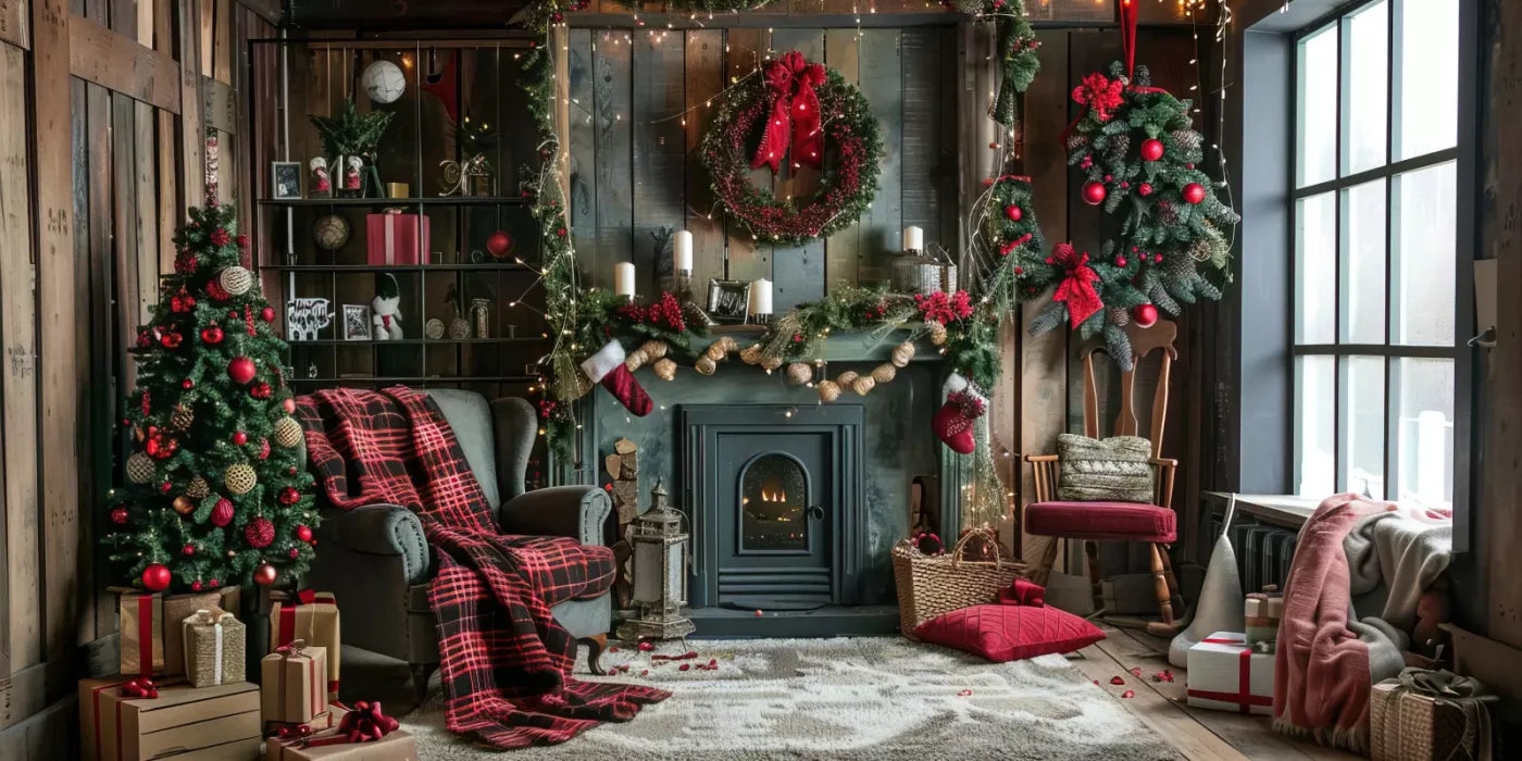 Rustic Cabin Christmas 20’X10’ Ultracloth (240 X 120 Inch) Backdrop