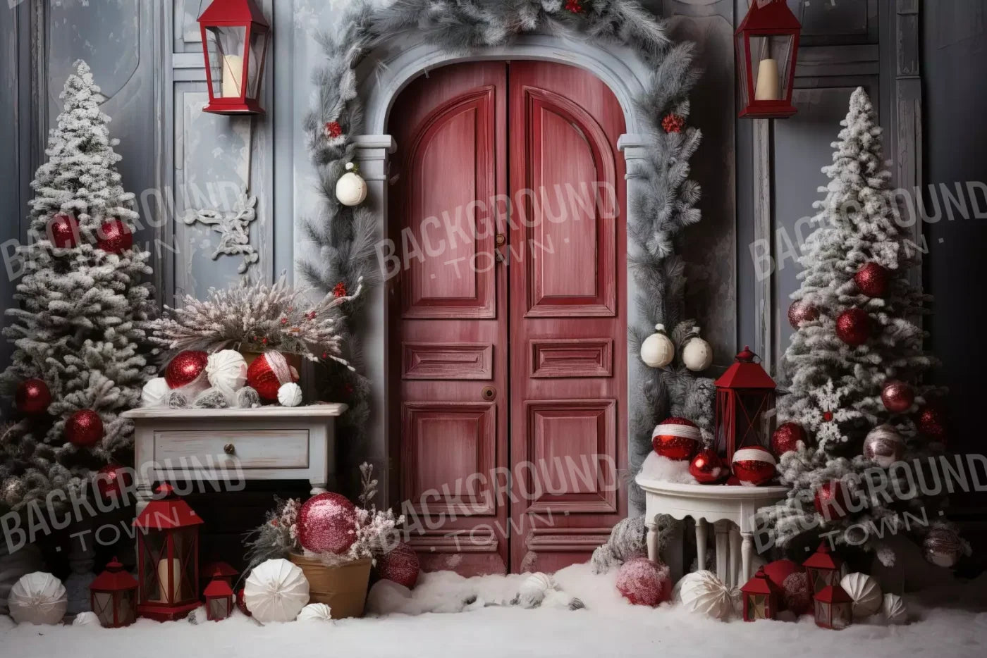 Rustic Christmas Door I 12’X8’ Ultracloth (144 X 96 Inch) Backdrop