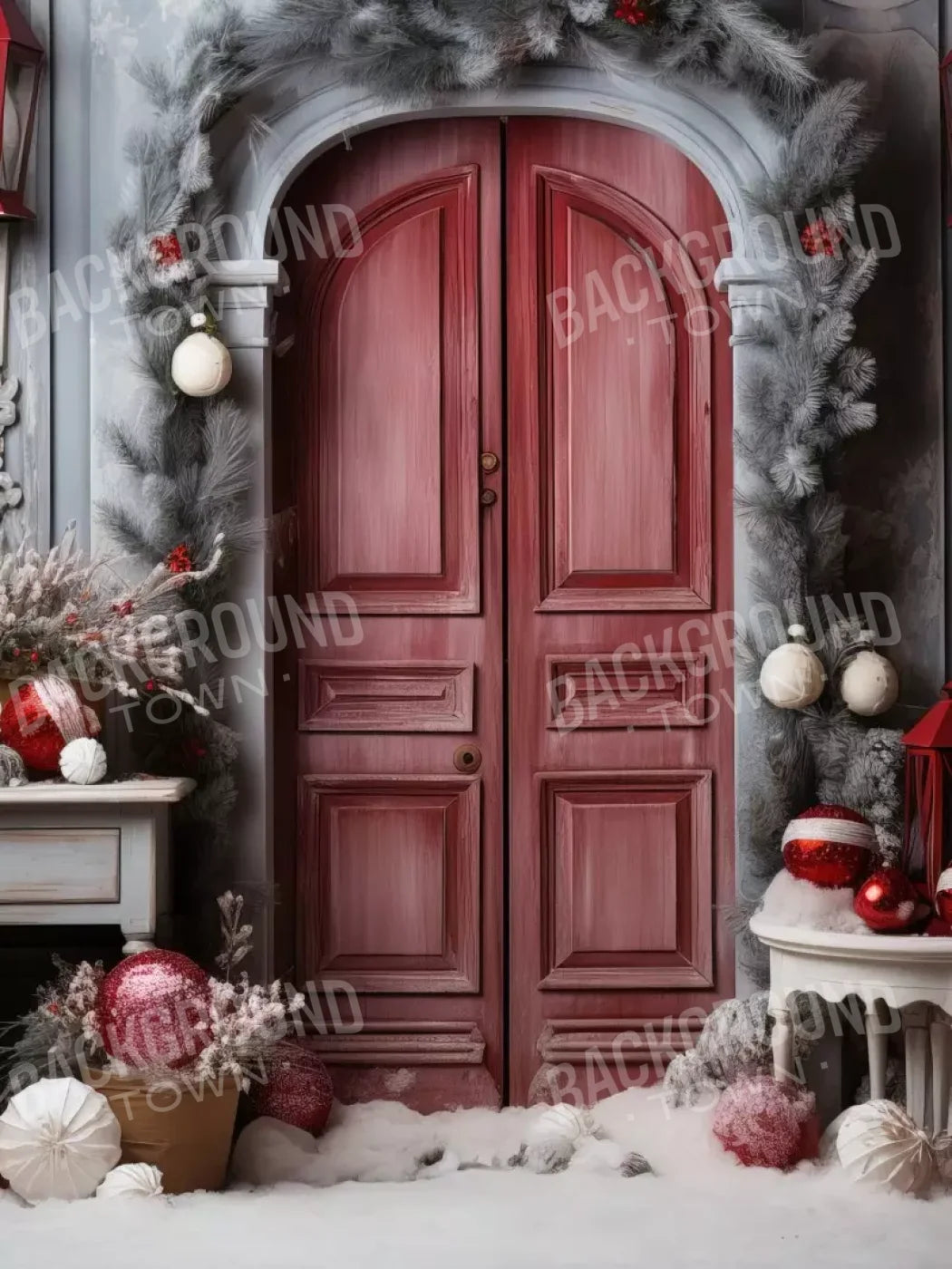 Rustic Christmas Door I 5’X6’8 Fleece (60 X 80 Inch) Backdrop