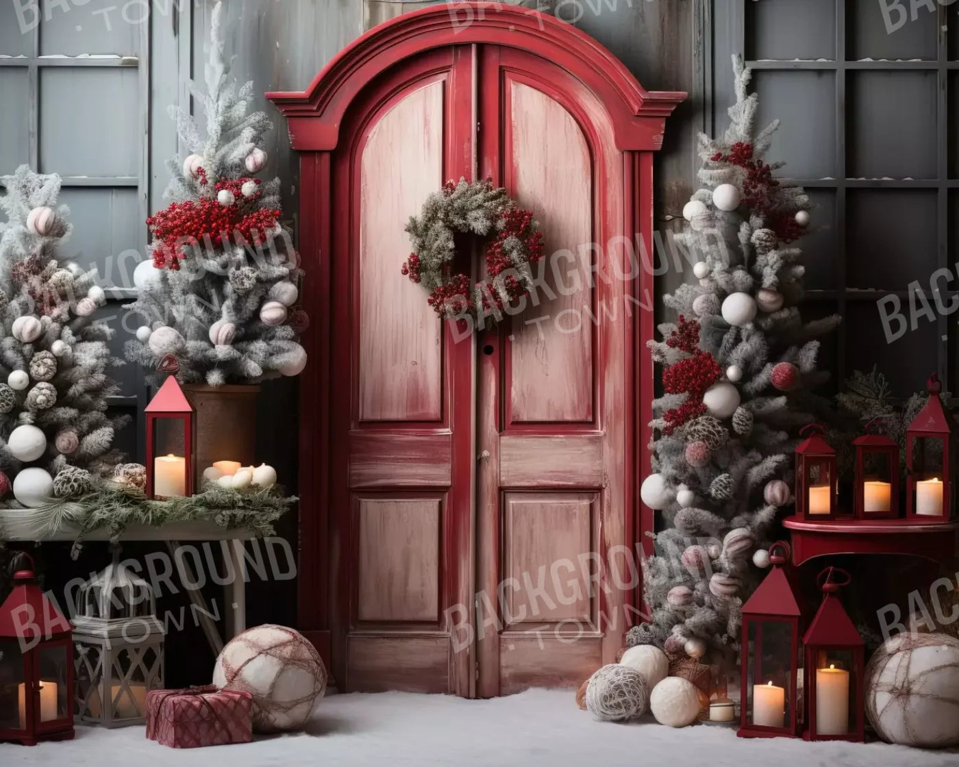 Rustic Christmas Door Iii 10’X8’ Fleece (120 X 96 Inch) Backdrop