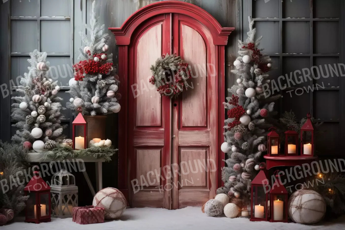 Rustic Christmas Door Iii 12’X8’ Ultracloth (144 X 96 Inch) Backdrop