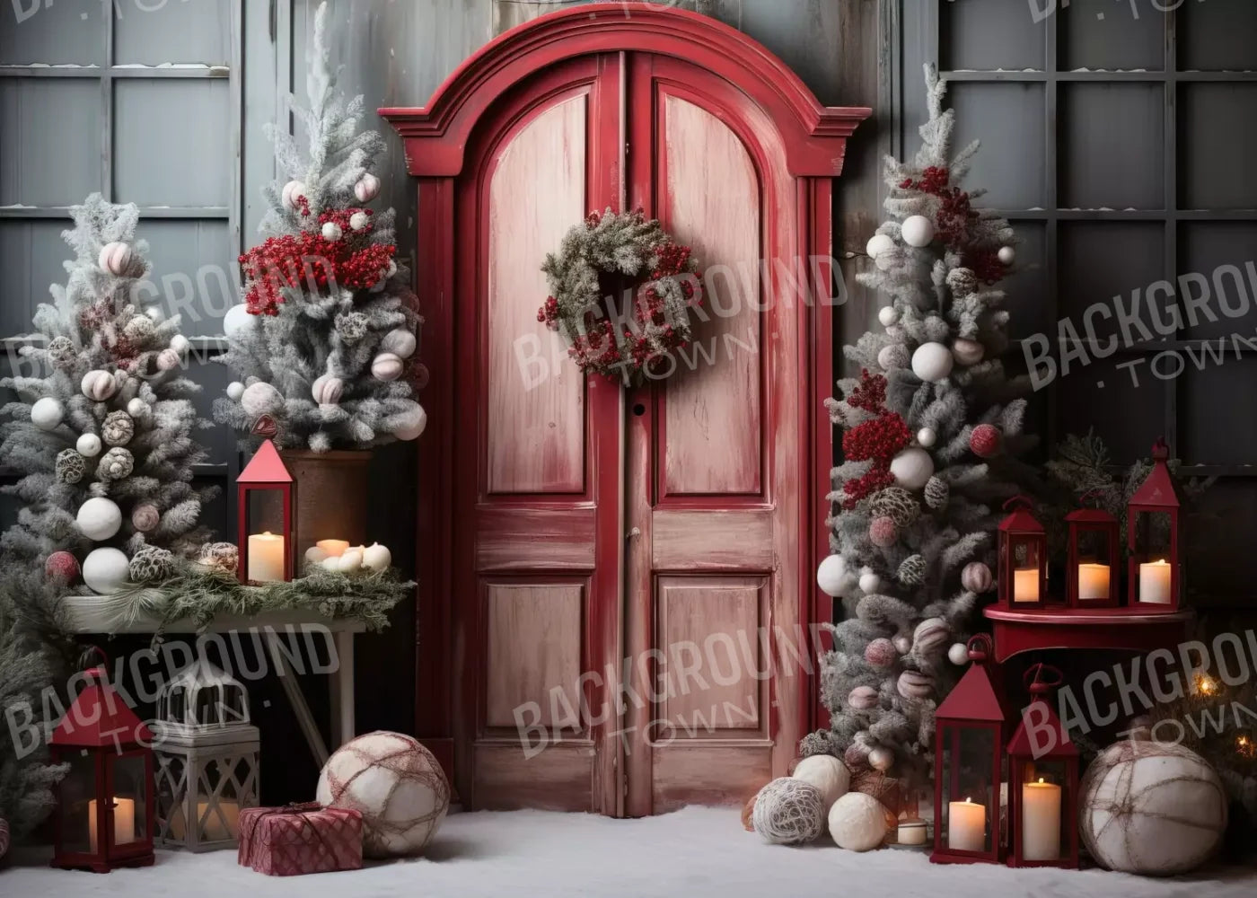 Rustic Christmas Door Iii 7’X5’ Ultracloth (84 X 60 Inch) Backdrop