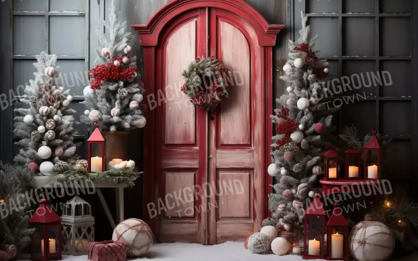 Rustic Christmas Door Iii 8’X5’ Ultracloth (96 X 60 Inch) Backdrop