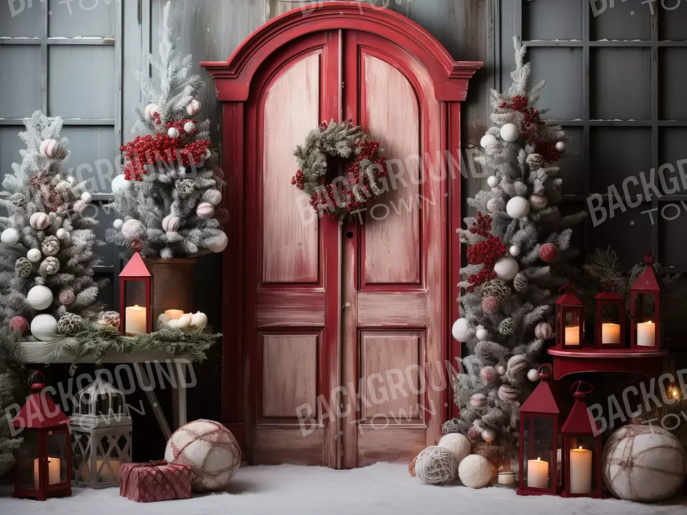 Rustic Christmas Door Iii 8’X6’ Fleece (96 X 72 Inch) Backdrop