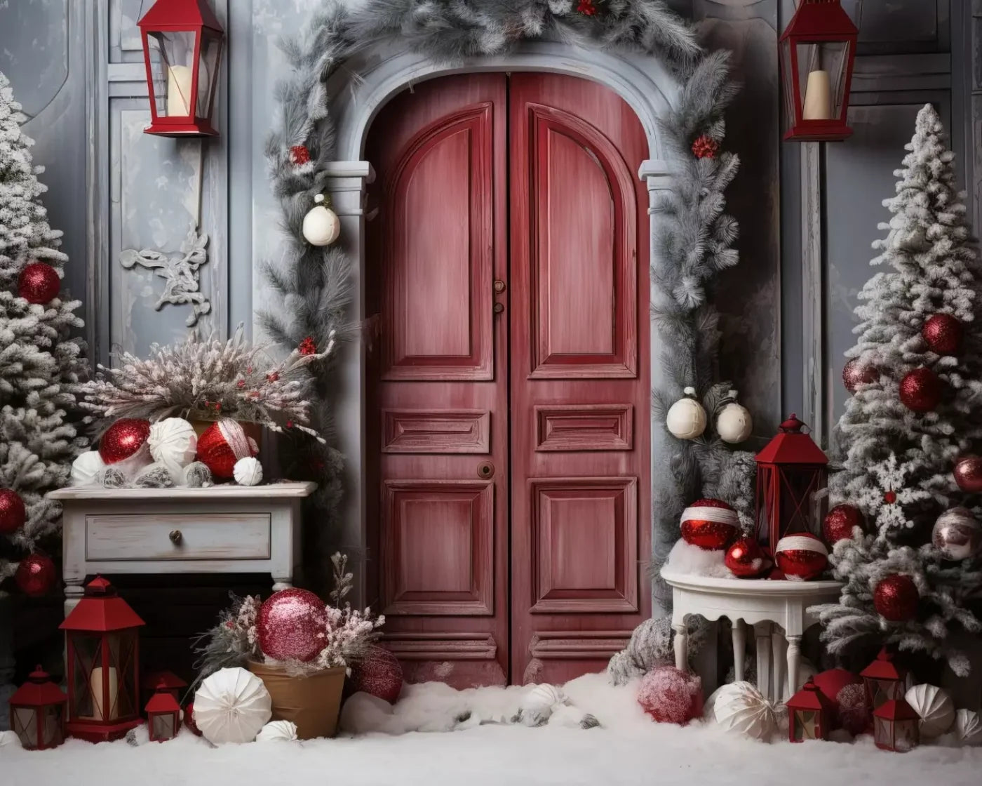 Rustic Christmas Door I 10’X8’ Fleece (120 X 96 Inch) Backdrop