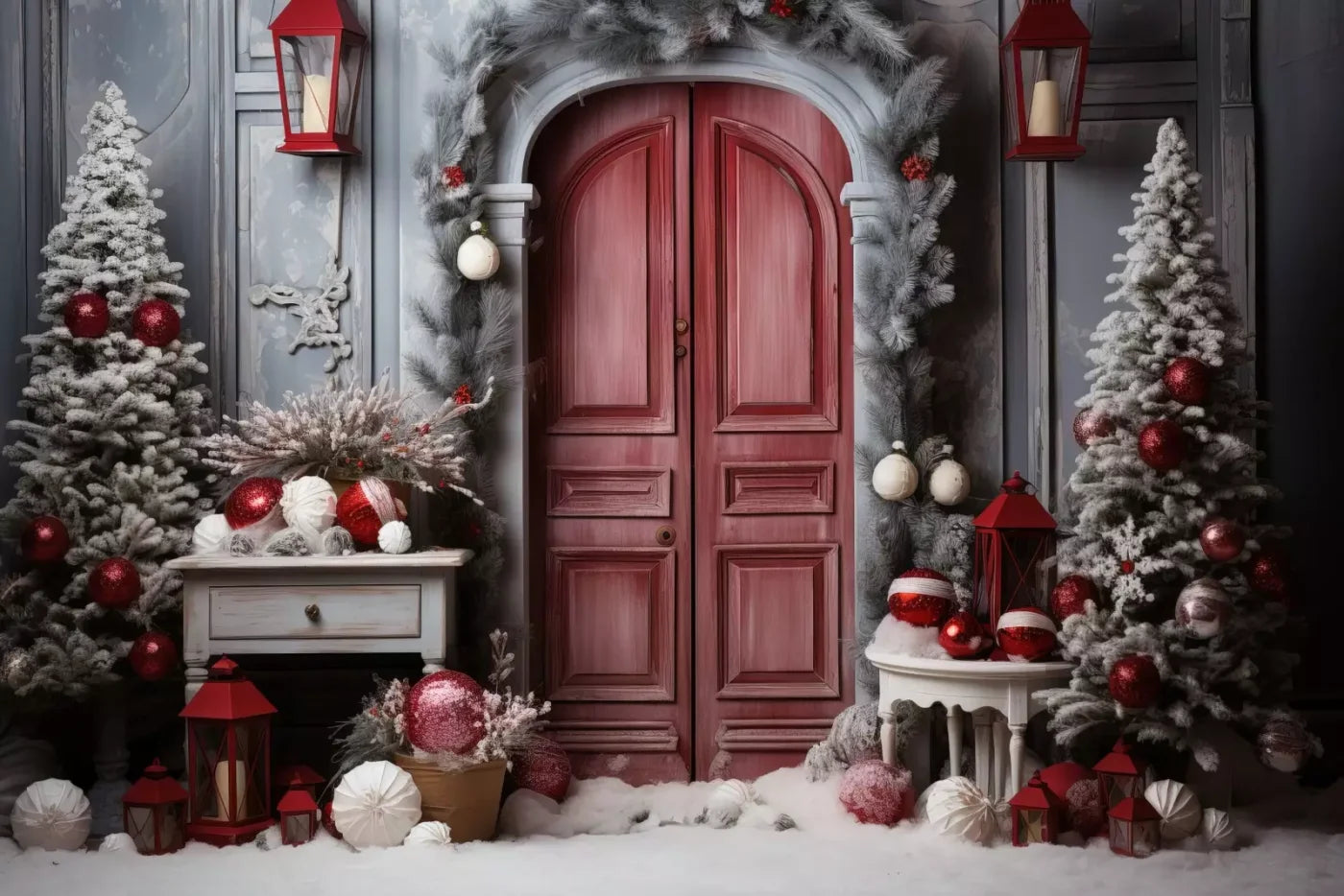 Rustic Christmas Door I 12’X8’ Ultracloth (144 X 96 Inch) Backdrop
