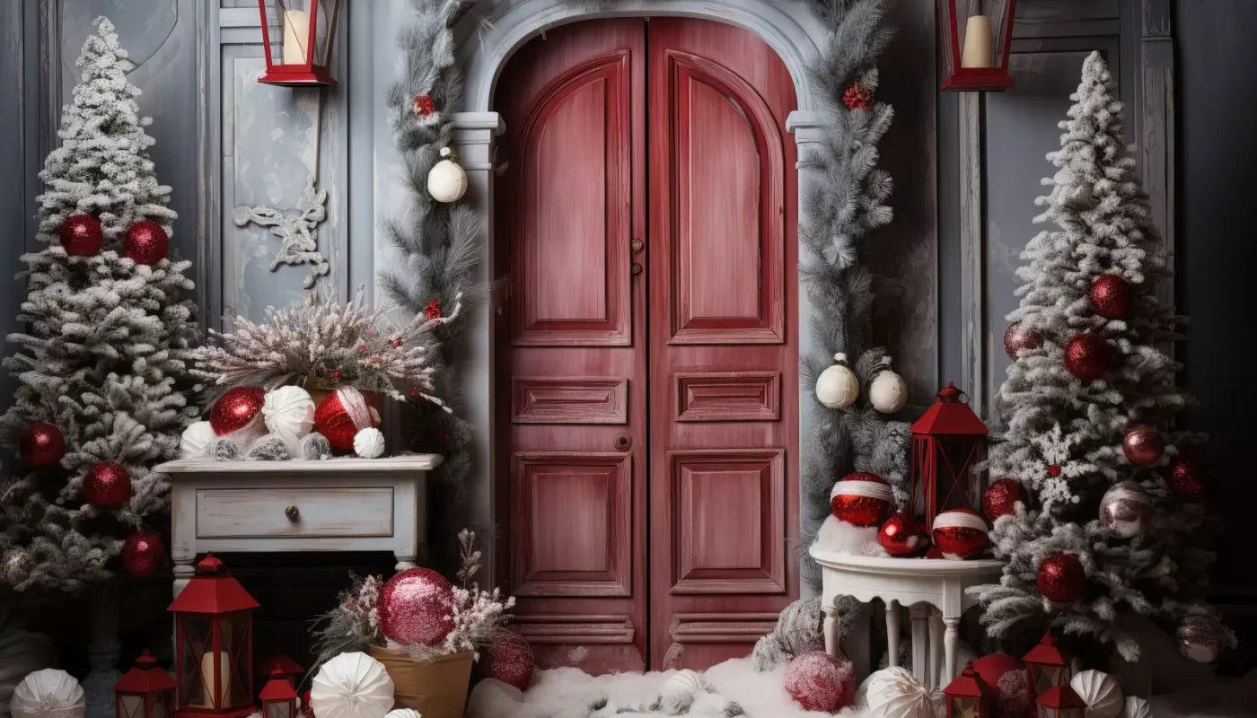 Rustic Christmas Door I 14’X8’ Ultracloth (168 X 96 Inch) Backdrop