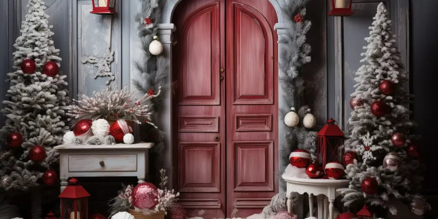 Rustic Christmas Door I 16’X8’ Ultracloth (192 X 96 Inch) Backdrop