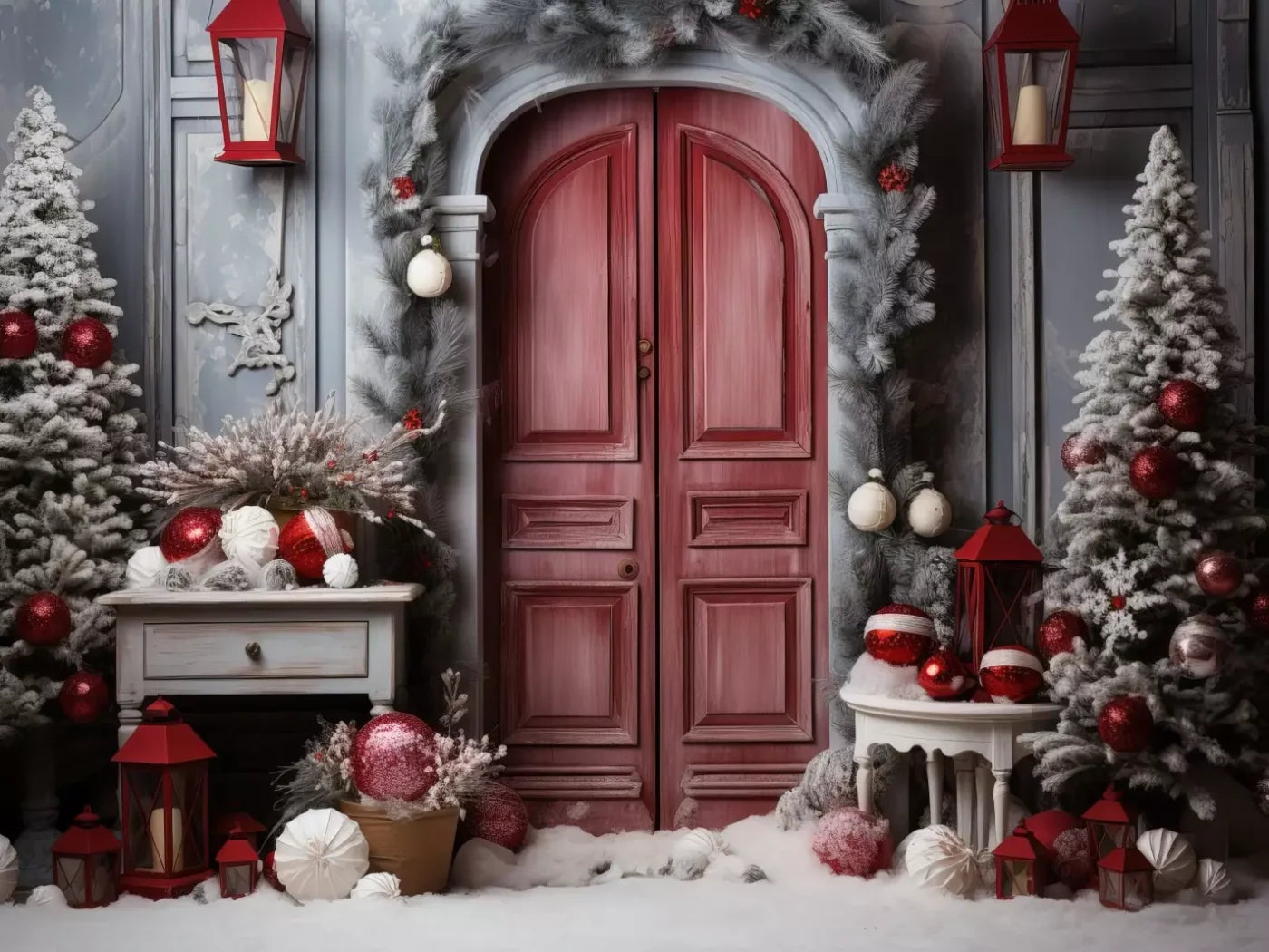 Rustic Christmas Door I 6’8X5’ Fleece (80 X 60 Inch) Backdrop