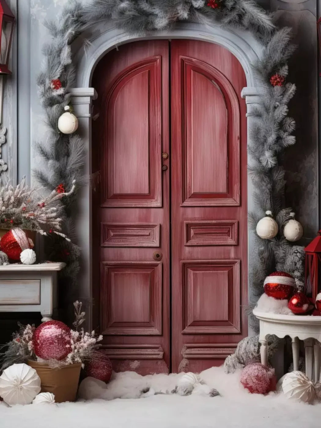Rustic Christmas Door I 6’X8’ Fleece (72 X 96 Inch) Backdrop