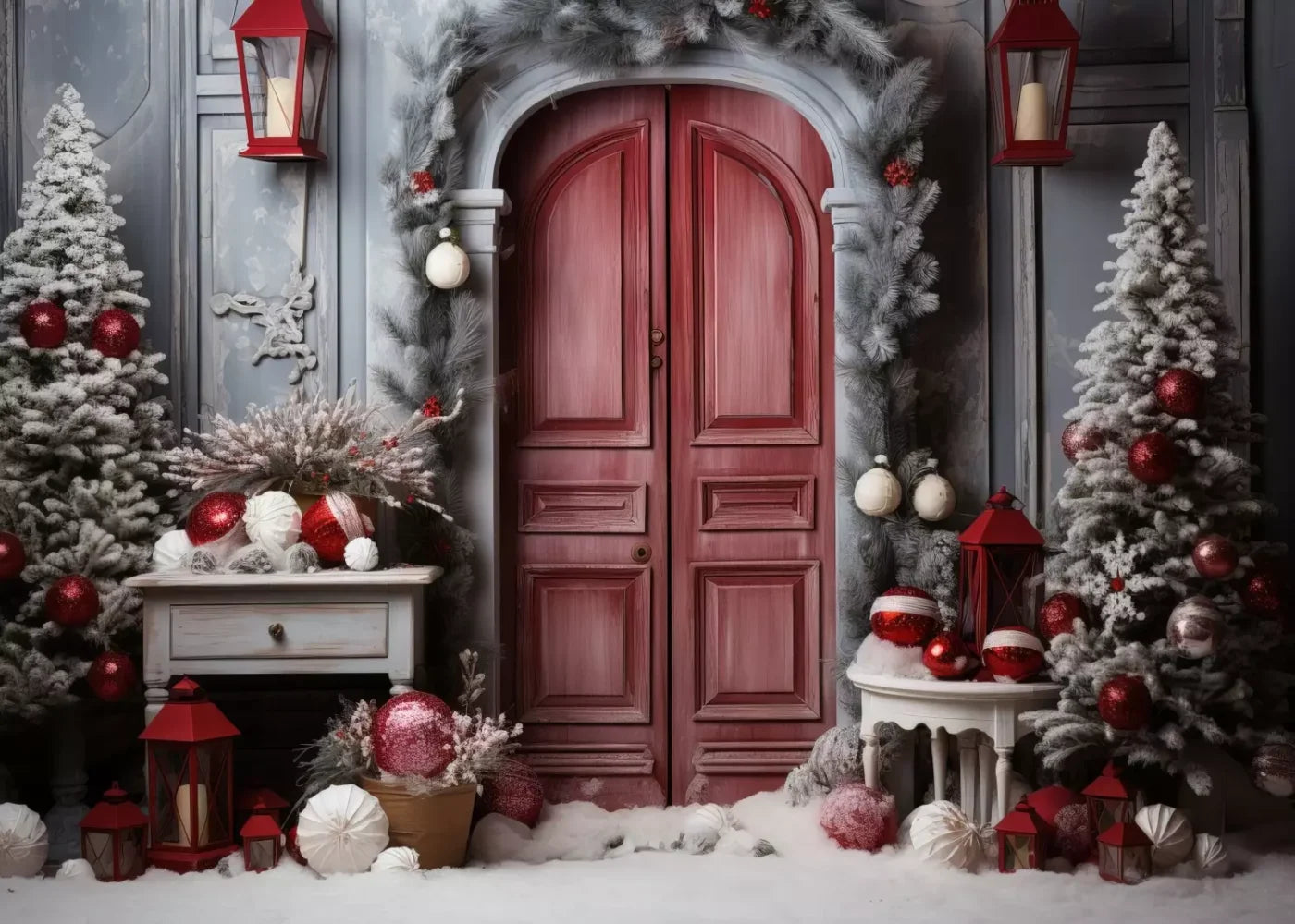 Rustic Christmas Door I 7’X5’ Ultracloth (84 X 60 Inch) Backdrop