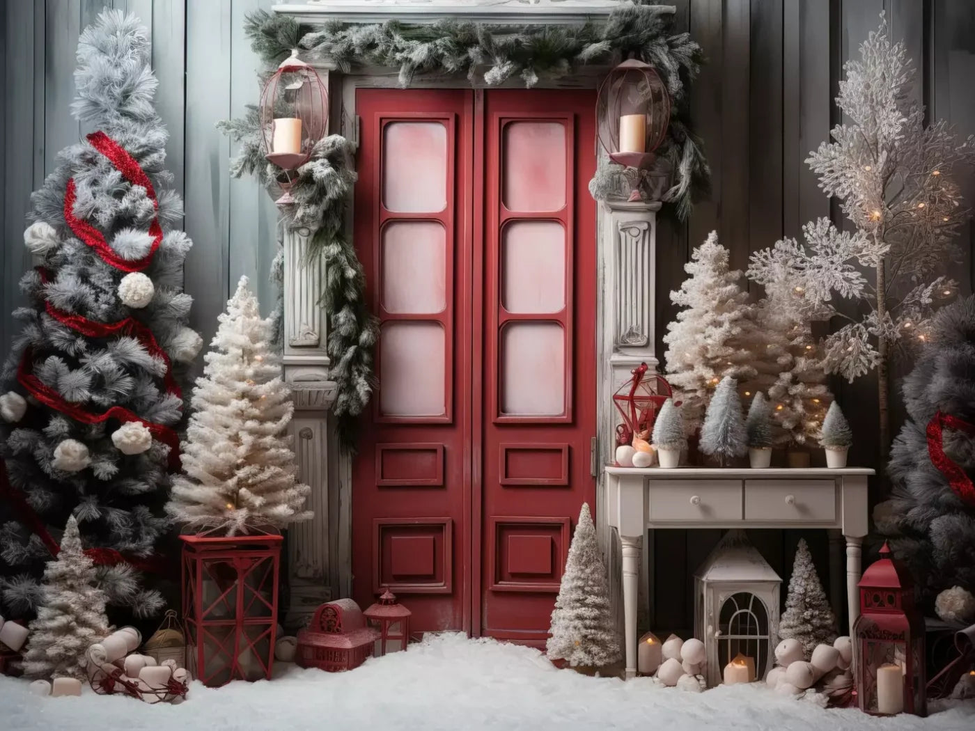Rustic Christmas Door Iv 6’8X5’ Fleece (80 X 60 Inch) Backdrop