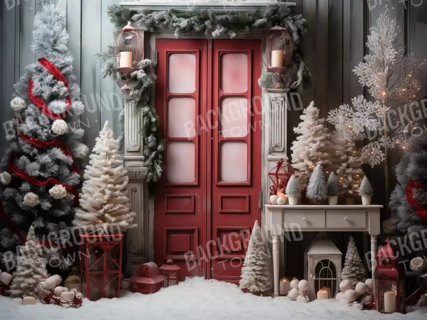 Rustic Christmas Door Iv 6’8X5’ Fleece (80 X 60 Inch) Backdrop