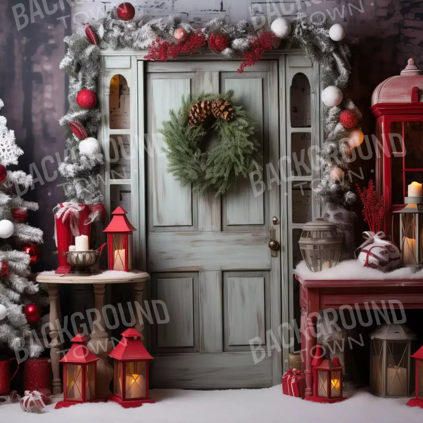 Rustic Christmas Door V 10’X10’ Ultracloth (120 X Inch) Backdrop