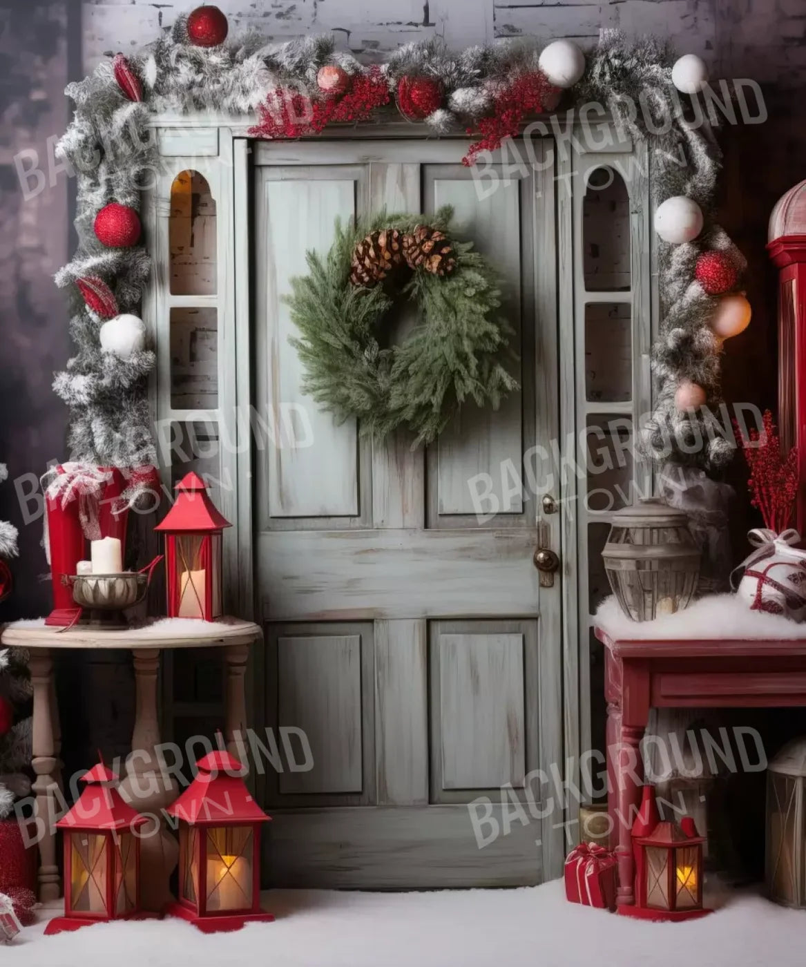 Rustic Christmas Door V 10’X12’ Ultracloth (120 X 144 Inch) Backdrop