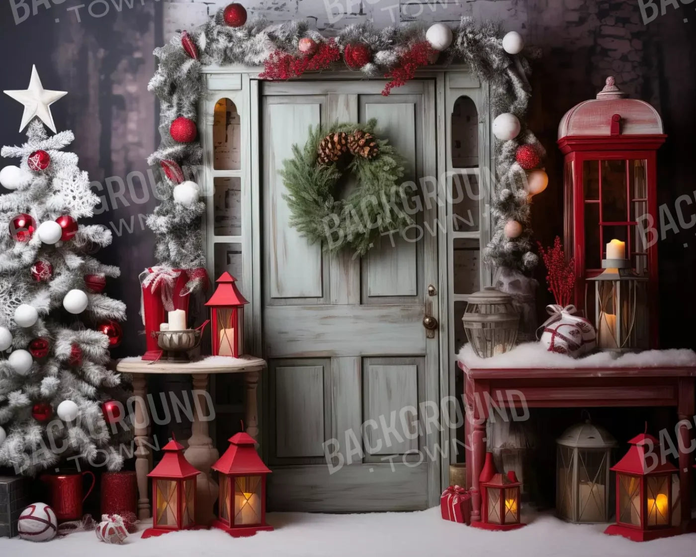 Rustic Christmas Door V 10’X8’ Fleece (120 X 96 Inch) Backdrop