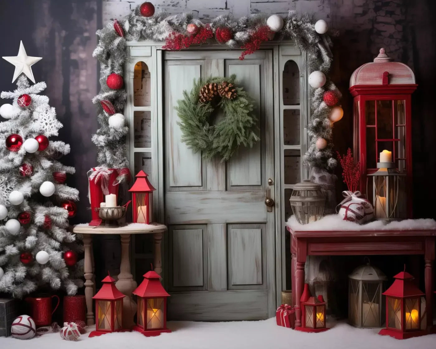 Rustic Christmas Door V 10’X8’ Fleece (120 X 96 Inch) Backdrop
