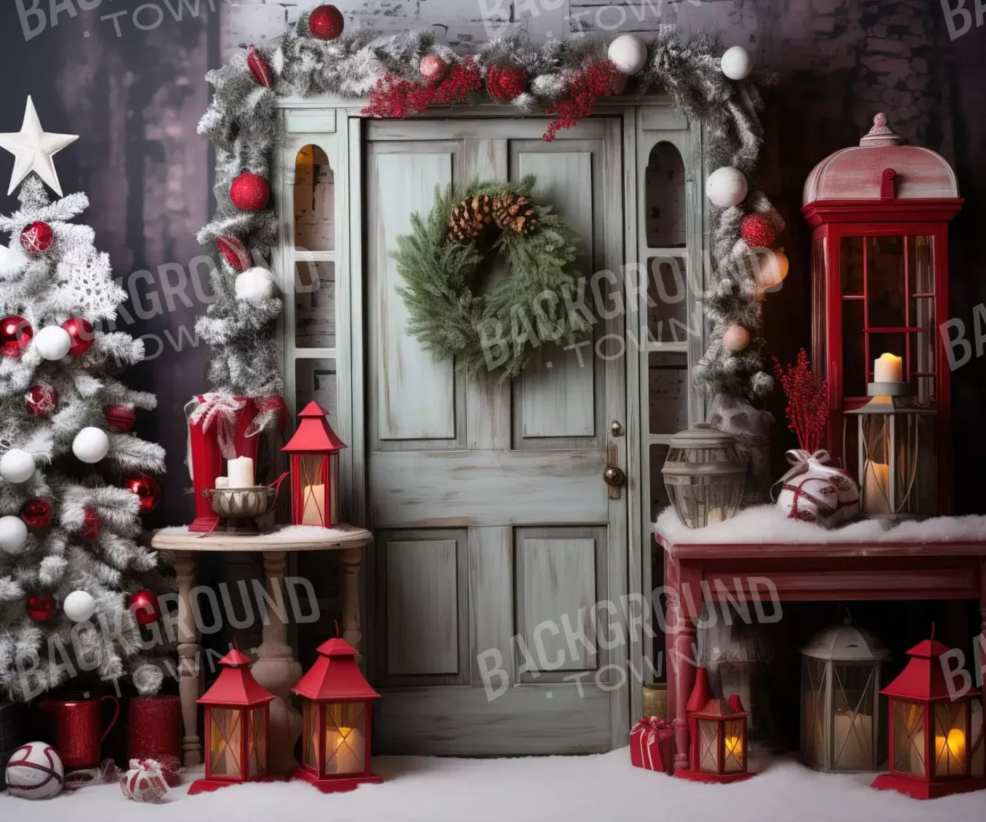 Rustic Christmas Door V 12’X10’ Ultracloth (144 X 120 Inch) Backdrop