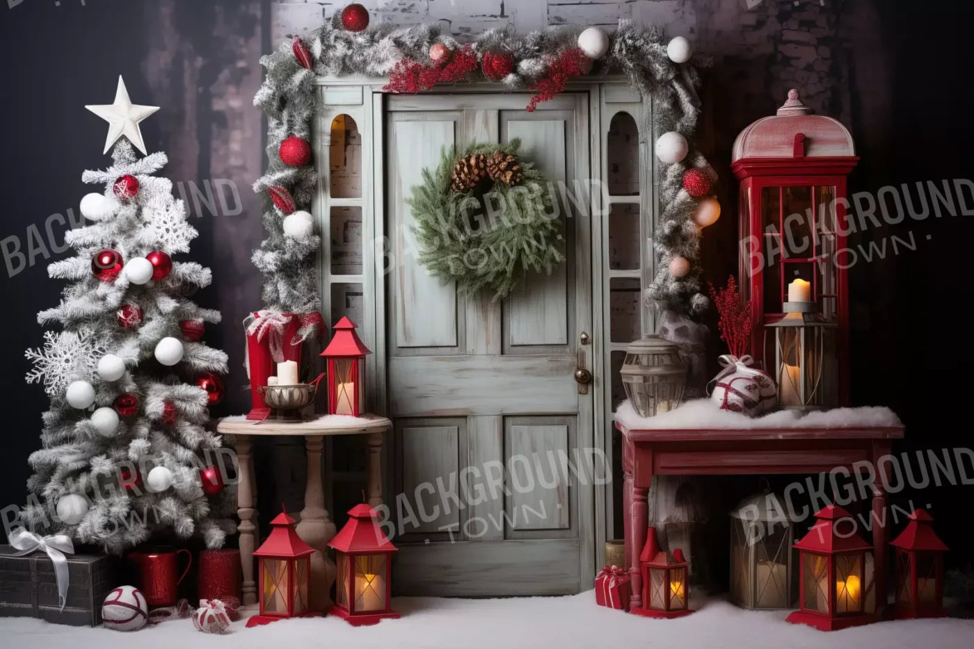 Rustic Christmas Door V 12’X8’ Ultracloth (144 X 96 Inch) Backdrop