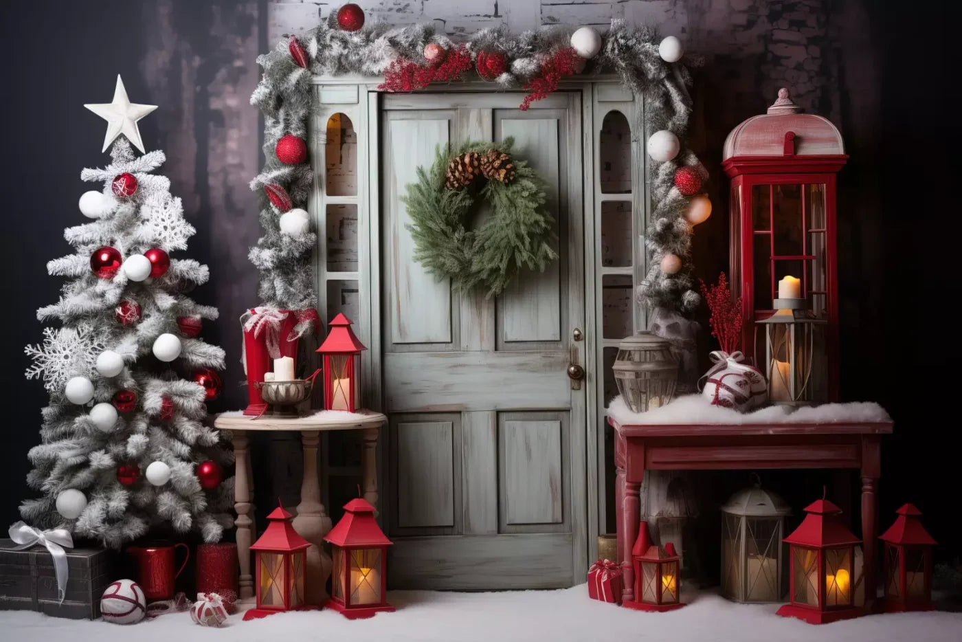 Rustic Christmas Door V 12’X8’ Ultracloth (144 X 96 Inch) Backdrop