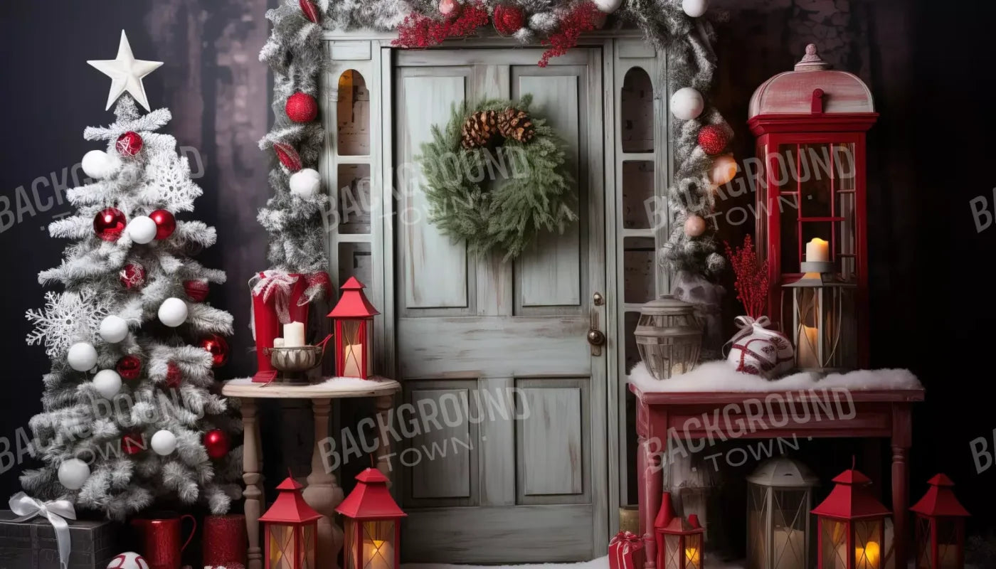 Rustic Christmas Door V 14’X8’ Ultracloth (168 X 96 Inch) Backdrop