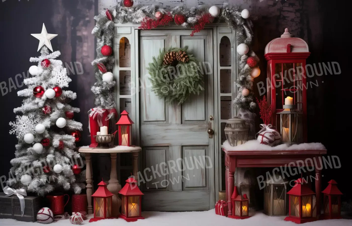 Rustic Christmas Door V 14’X9’ Ultracloth (168 X 108 Inch) Backdrop