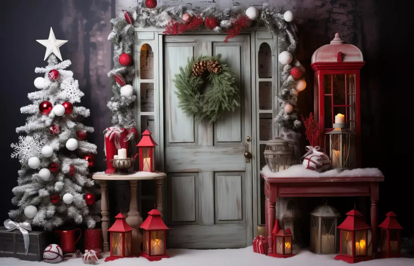 Rustic Christmas Door V 14’X9’ Ultracloth (168 X 108 Inch) Backdrop
